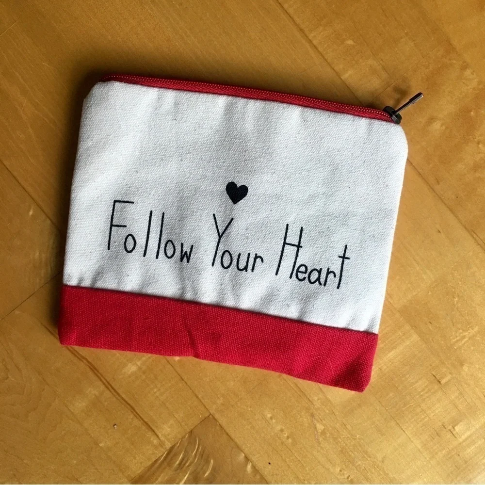 “Follow Your Heart” Cosmetic, Makeup, Travel Canvas Bag, Red, Ivory, Black